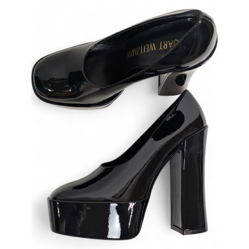 Stuart Weitzman Black Patent 6in Platform Pumps Chunky High Heel Y2K Disco Glam - Picture 2 of 12